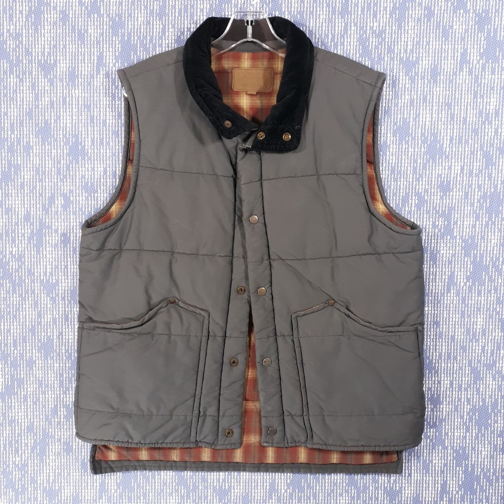 Old Navy Puffer Vest Mens Large Cotton Lined Corduroy Collar Gray Snaps Vintage